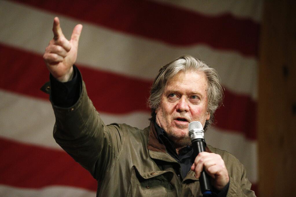 Former White House strategist Steve Bannon speaks during a rally for U.S. Senate hopeful Roy Moore, Tuesday, Dec. 5, 2017, in Fairhope Ala. (AP Photo/Brynn Anderson)