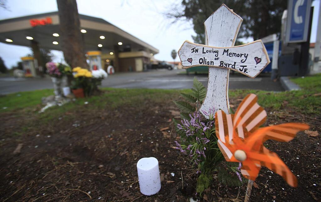 A cross memorializing Olian Byrd Jr. is shown Thursday, Jan. 19, 2017. Byrd, a Santa Rosa homeless man, died of a heart attack recently while camped at the Shell station on Cleveland Avenue. (KENT PORTER/ PD)
