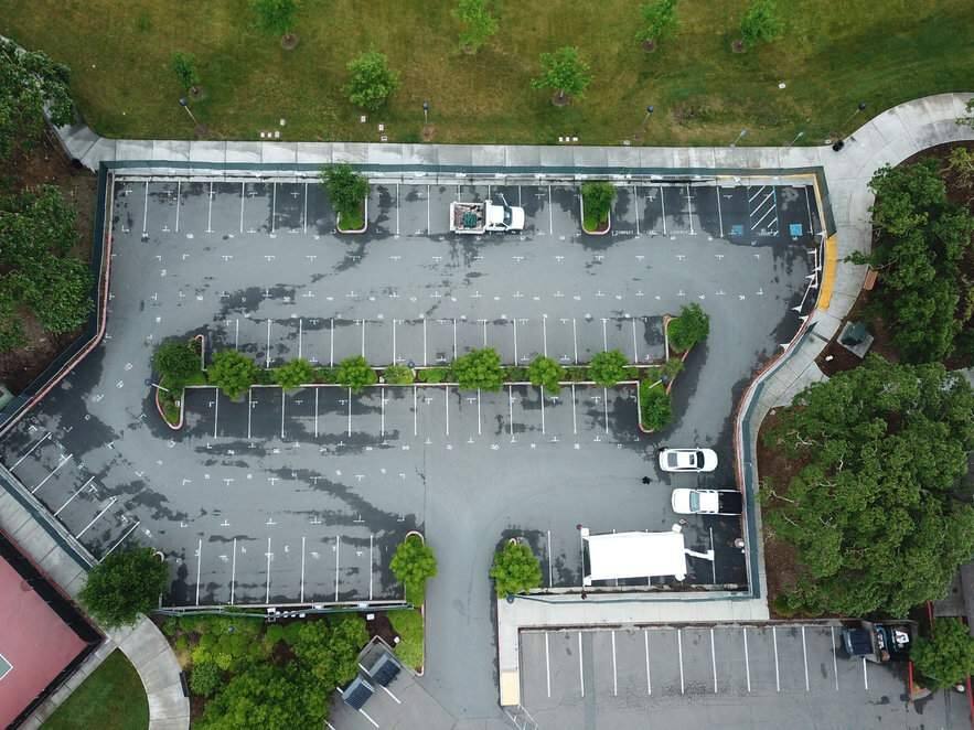 An overhead view of the parking lot at the Finley Community Center in Santa Rosa, the site of a newly opened temporary homeless camp. (City of Santa Rosa)