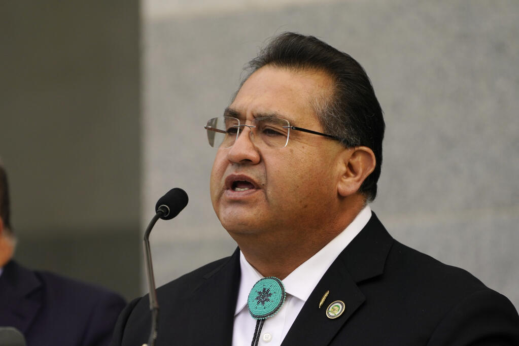 Assemblyman James Ramos, D-Highlands speaks at a news conference in Sacramento, Calif., Wednesday, Jan. 12, 2022. (AP Photo/Rich Pedroncelli)