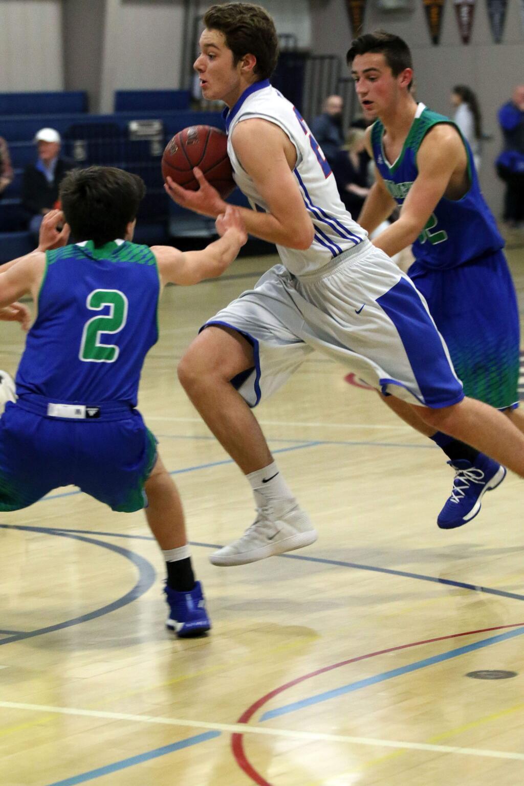 DWIGHT SUGIOKA/FOR THE ARGUS-COURIERSt. Vincent's Rory Morgan drives by San Domenico defenders during the Mustangs non-league match against the Panthers.