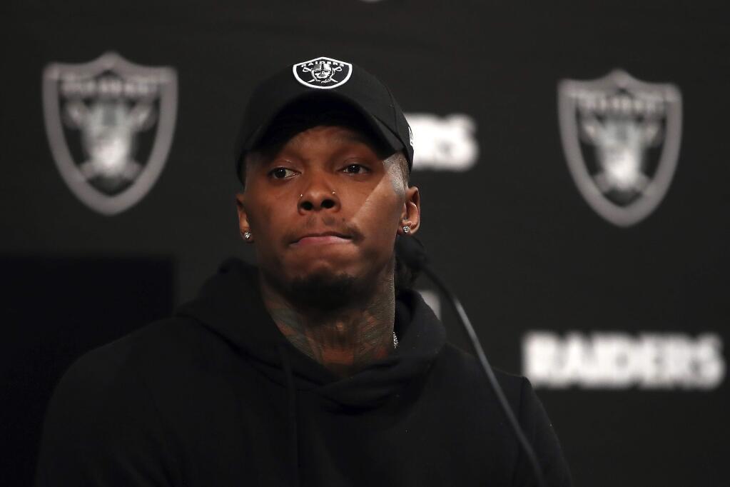 Oakland Raiders first-round draft pick Martavis Bryant listens to a reporter's question during an NFL football media conference Friday, April 27, 2018, in Alameda, Calif. (AP Photo/Ben Margot)