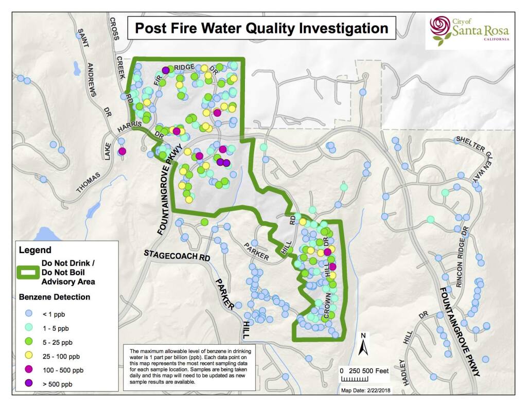 A map produced by the city in February of the locations of the test results for benzene taken in and around the 184-acre area in Fountaingrove where people have been advised not to drink or bath in the water due to the contamination.