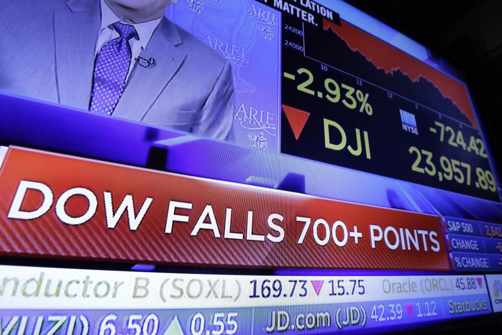 A television screen on the trading floor of the New York Stock Exchange shows the closing number for the Dow Jones industrial average, Thursday, March 22, 2018. Stocks plunged, sending the Dow Jones industrials down more than 700 points, as investors feared that trade tensions will spike between the U.S. and China. (AP Photo/Richard Drew)