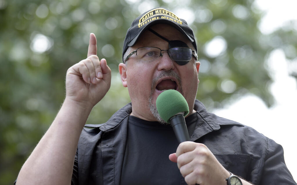 FILE - Stewart Rhodes, founder of the Oath Keepers, speaks during a rally outside the White House in Washington, June 25, 2017. Jury selection is expected to get underway Tuesday in one of the most serious cases to emerge from the Jan. 6, 2021 attack on the U.S. Capitol against the founder of the far-right Oath Keepers extremist group and four associates charged with seditious conspiracy.(AP Photo/Susan Walsh, File)