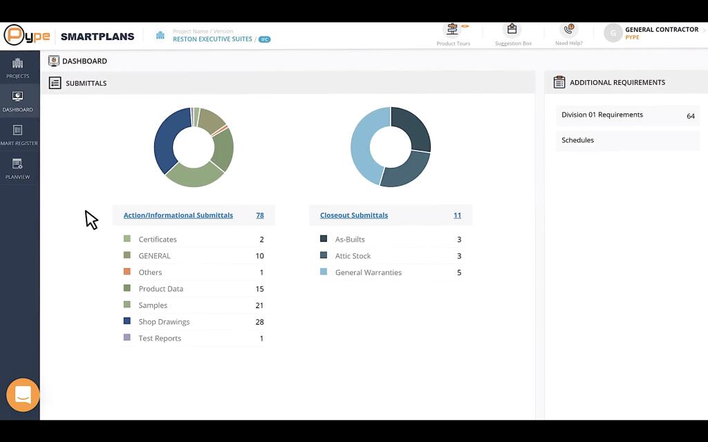 Pype’s SmartPlans offers a software dashboard, seen in this demonstration video screenshot, for players on construction projects.