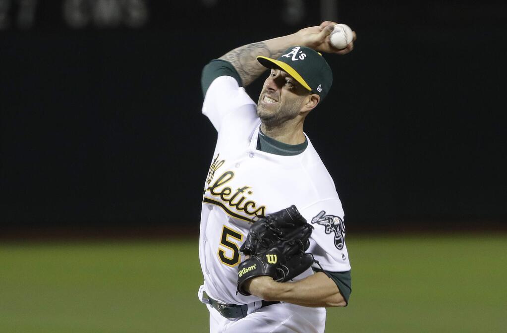 Oakland Athletics pitcher Mike Fiers throws against the Los Angeles Dodgers during the fifth inning Wednesday, Aug. 8, 2018. (AP Photo/Jeff Chiu)