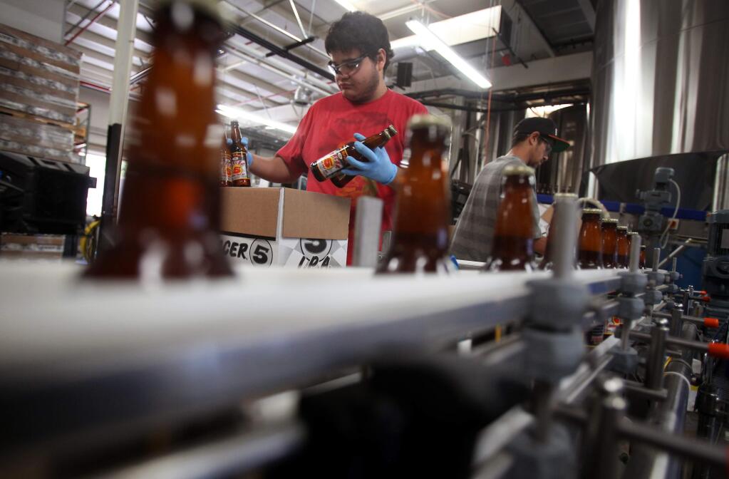 Miguel Alfaro grabs bottles off the bottling line and packs them into boxes at the Bear Republic Brewing Co. production facility in Cloverdale on Thursday, June 20, 2013. (CHRISTOPHER CHUNG / PRESS DEMOCRAT FILE)