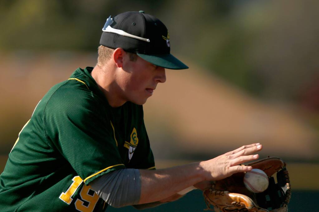 Casa Grande third baseman Spencer Torkelson traps the ball in his glove in the third inning of a varsity baseball game between Casa Grande and Maria Carrillo high schools in Santa Rosa, California on Wednesday, March 30, 2016. (Alvin Jornada / The Press Democrat)