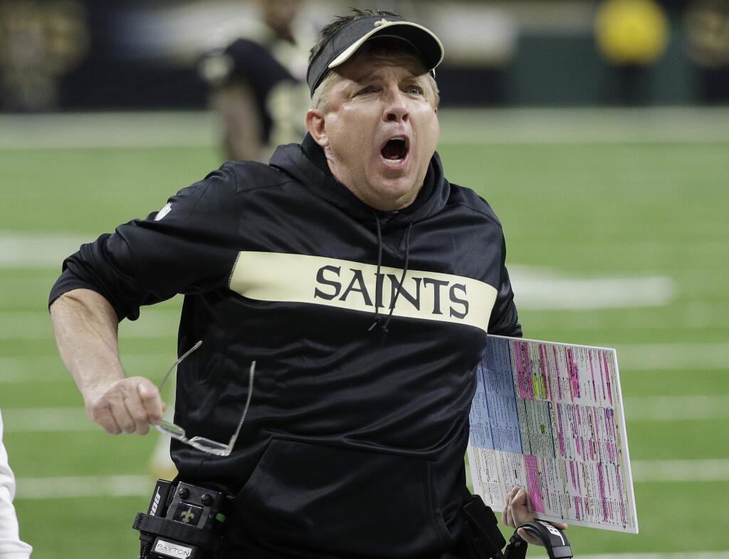 New Orleans Saints head coach Sean Payton reacts to a call during the second half of the NFC championship game against the Los Angeles Rams, Sunday, Jan. 20, 2019, in New Orleans. (AP Photo/David J. Phillip)