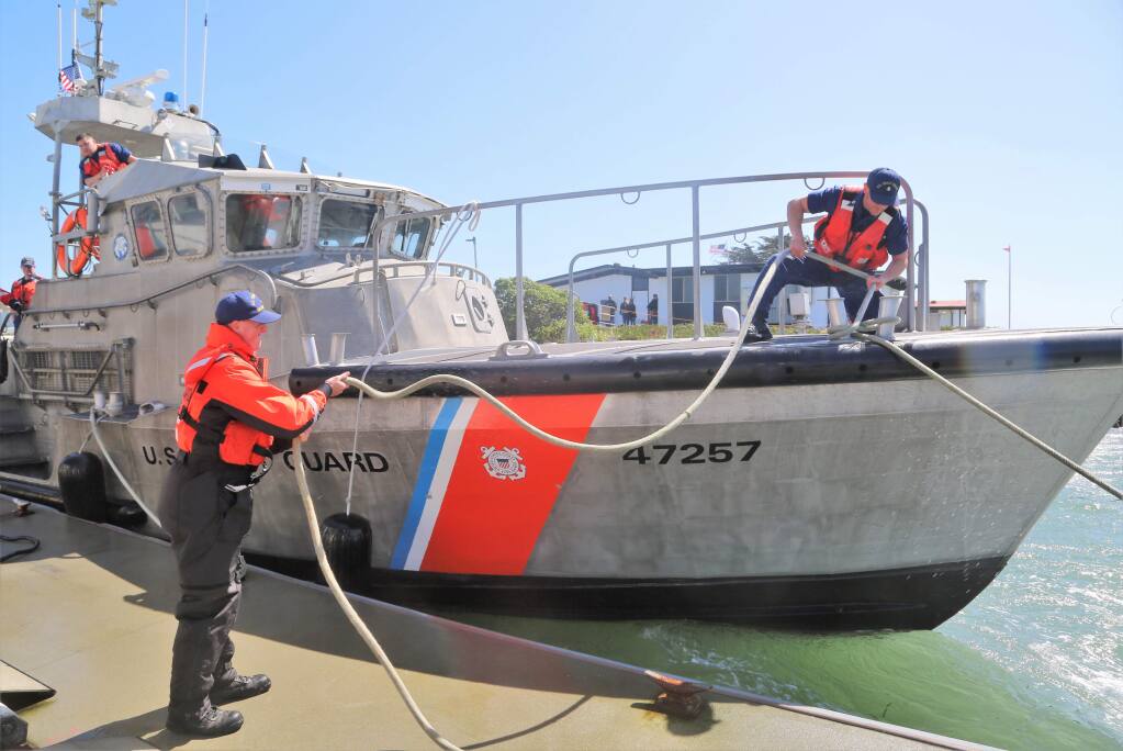 Station Bodega Bay Coast Guard crew members launch a rescue exercise at the Coast Guard open house at US Coast Guard Station in Bodega Bay, Saturday, April 20, 2019. (Will Bucquoy / for The Press Democrat)