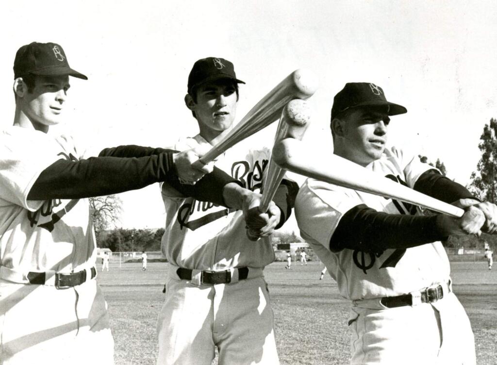 SRJC Baseball players Whiting, Iodence and Moratto practice hitting in 1968. (Courtesy of the Santa Rosa Junior College Archives)