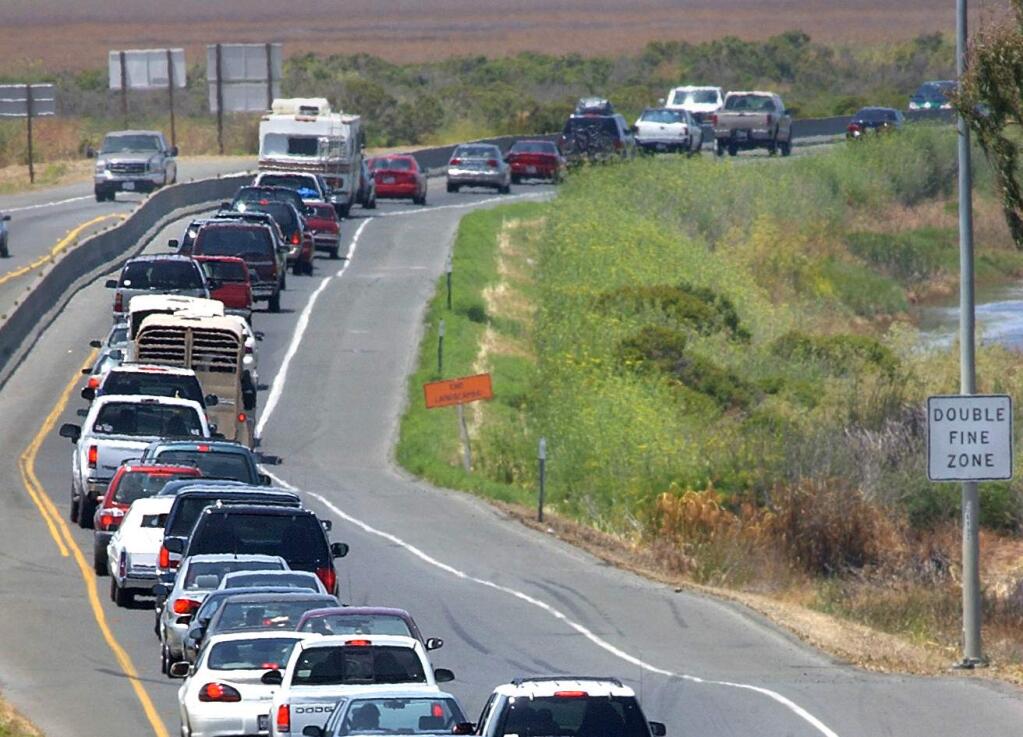 Traffic along Highway 37, which could be converted to a toll road under proposed legislation aimed at widening the highway and protecting it from rising sea level.