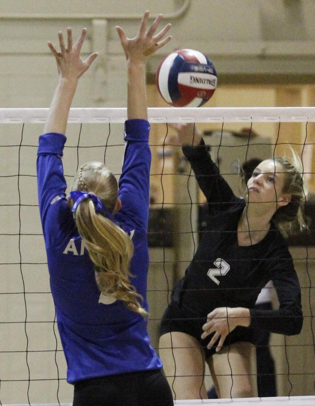 Bill Hoban/Index-TribuneSonoma's Jenna Mak dumps the ball over the net during last Thursday's match against Analy. The Lady Dragons swept the Tigers in three straight sets. Sonoma is at Healdsburg tonight, Tuesday, and at Piner on Thursday.