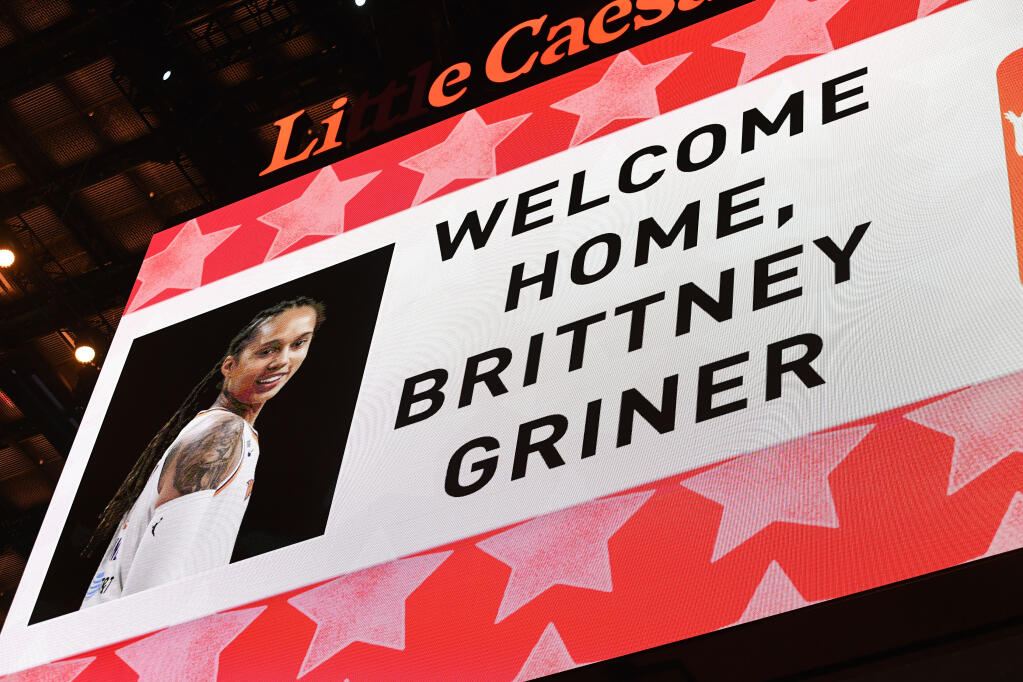 The Detroit Pistons organization paid tribute to the recent release of wrongfully detained WNBA player Brittney Griner from Russia before an NBA basketball game against the Los Angeles Lakers, Sunday, Dec. 11, 2022, in Detroit. (AP Photo/Jose Juarez)