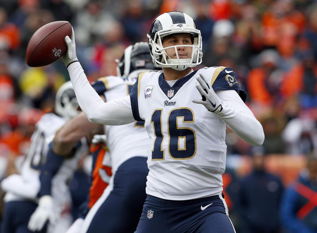 Los Angeles Rams quarterback Jared Goff throws against the Denver Broncos during the first half, Sunday, Oct. 14, 2018, in Denver. (AP Photo/Joe Mahoney)