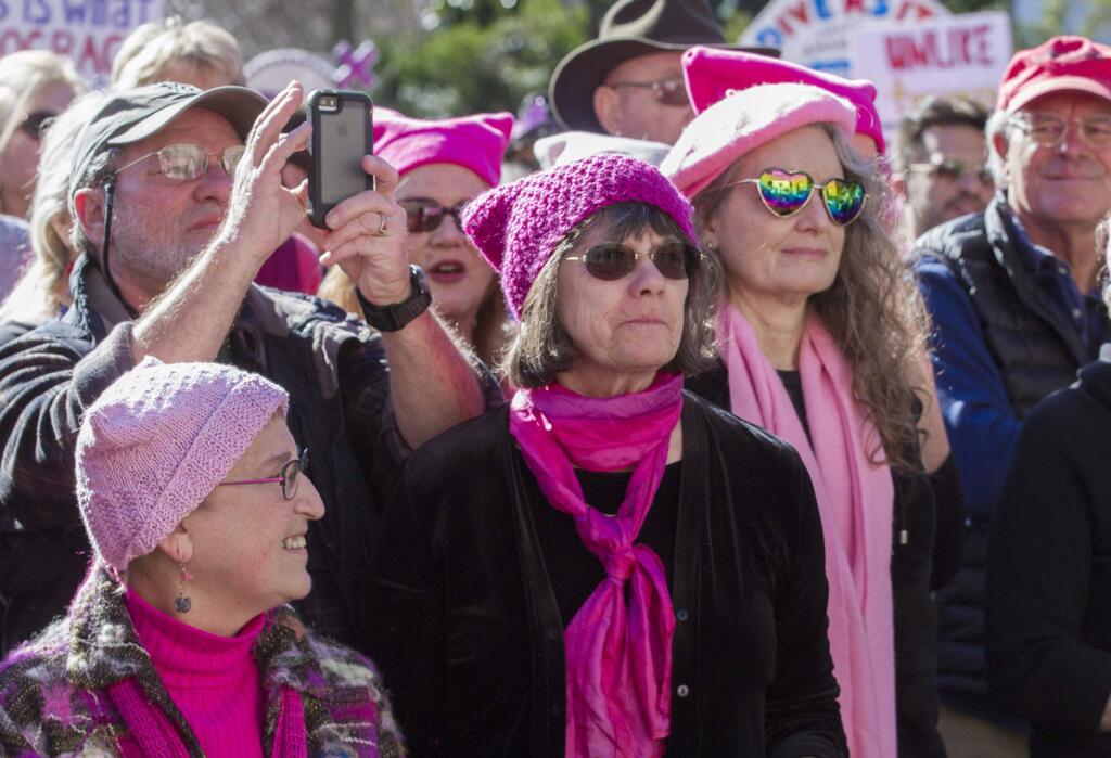 Hundreds of women, men, children and even a few dogs, gathered on Sonoma Plaza on January 20 in 2018 to participate in the Women's March, a protest movement spawned by the inauguration of Donald Trump as president. (Photo by Robbi Pengelly/Index-Tribune)