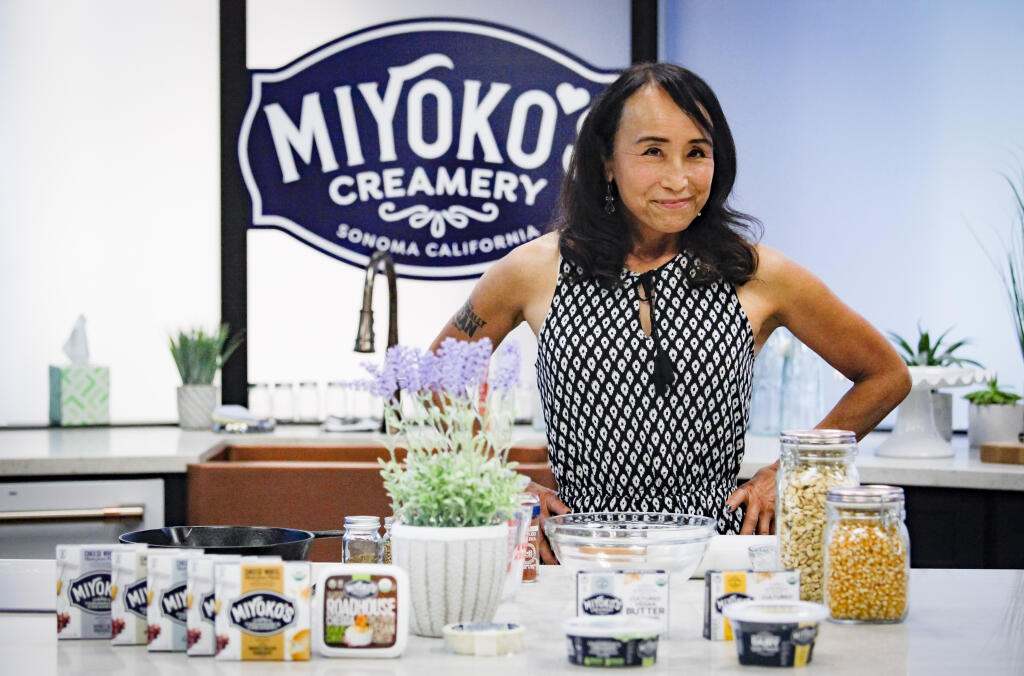 Miyoko Schinner, founder and CEO of Miyoko’s Creamery  stands in the new kitchen at her Petaluma office where the former chef and cookbook author plans to make cooking videos, Monday, Sept. 13, 2021. (Crissy Pascual / Argus-Courier Staff file)