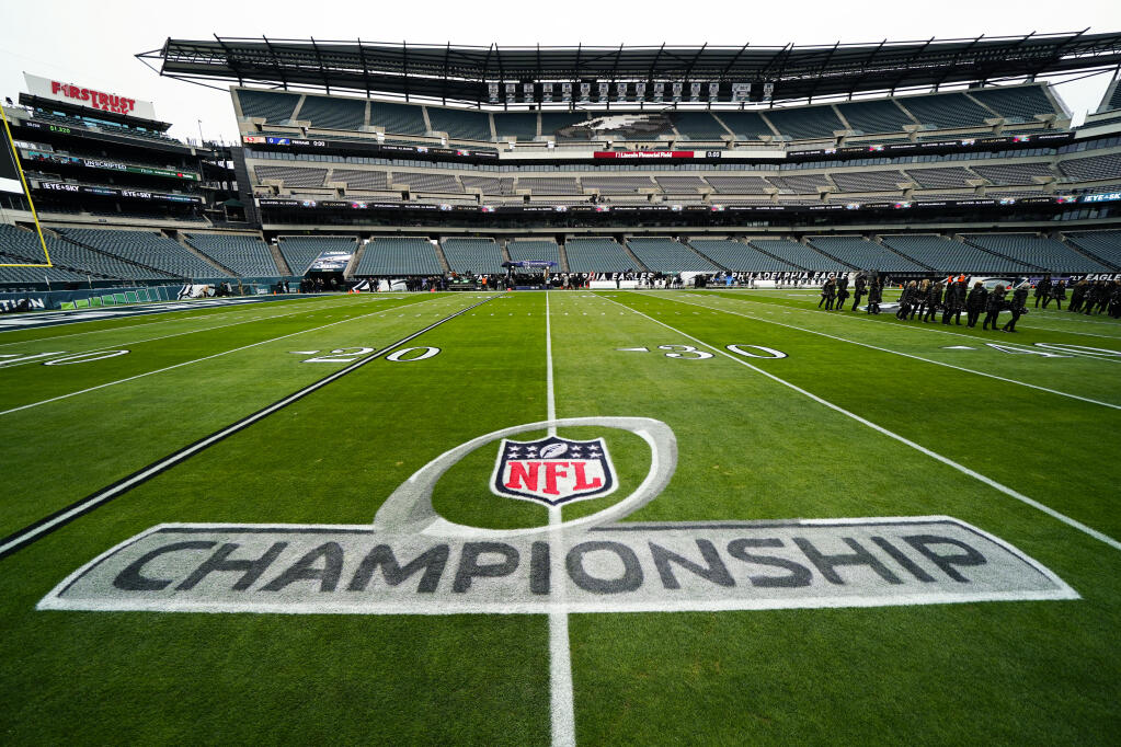 A logo is seen on the field at Lincoln Financial Field prior to the NFC championship game between the Philadelphia Eagles and the San Francisco 49ers on Sunday, Jan. 29, 2023, in Philadelphia. (AP Photo/Chris Szagola)