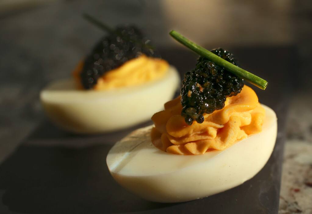 Eggs Mimosa with Hackleback caviar and chive from the Brass Rabbit in Healdsburg. (photo by John Burgess/The Press Democrat)