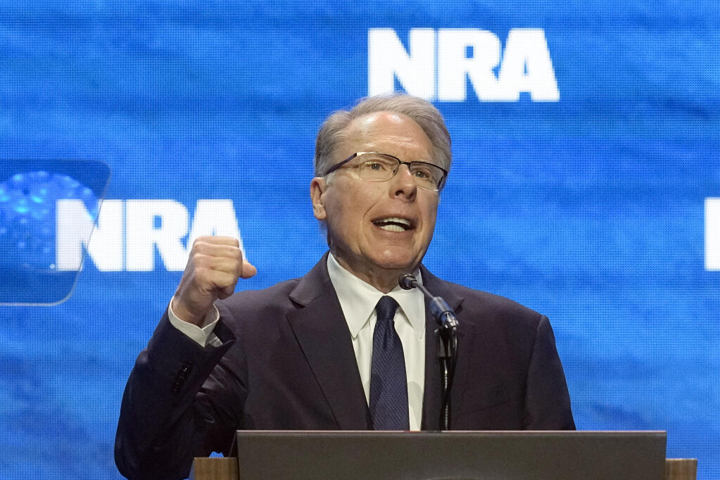 Wayne LaPierre, CEO and executive vice-president of the National Rifle Association, addresses the National Rifle Association Convention, Friday, April 14, 2023, in Indianapolis. (AP Photo/Darron Cummings)