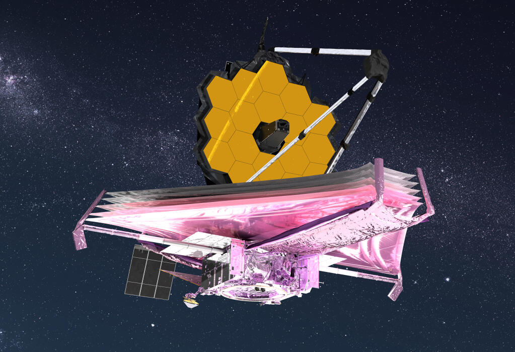 In an undated image provided by Adriana Manrique Gutierrez/NASA, an artist’s impression of the James Webb Space Telescope. The telescope is preparing to arrive at L2, a place that is gravitationally balanced between Earth and sun, where it will ultimately carry out its scientific mission. (Adriana Manrique Gutierrez/NASA via The New York Times)
