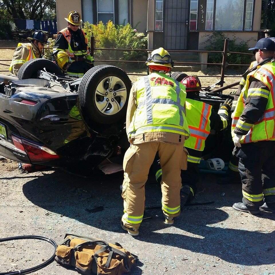 A female passenger suffered life-threatening injuries after being impaled by a fence post in a vehicle crash on Skillman Lane in Petaluma on Saturday, Aug. 13, 2016. (Rancho Adobe Fire Protection District)