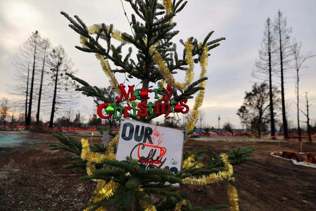 A Christmas tree stands in front of a cleared lot on Jenna Place, in the Coffey Park area of Santa Rosa on Tuesday, December 19, 2017. (Christopher Chung/ The Press Democrat)