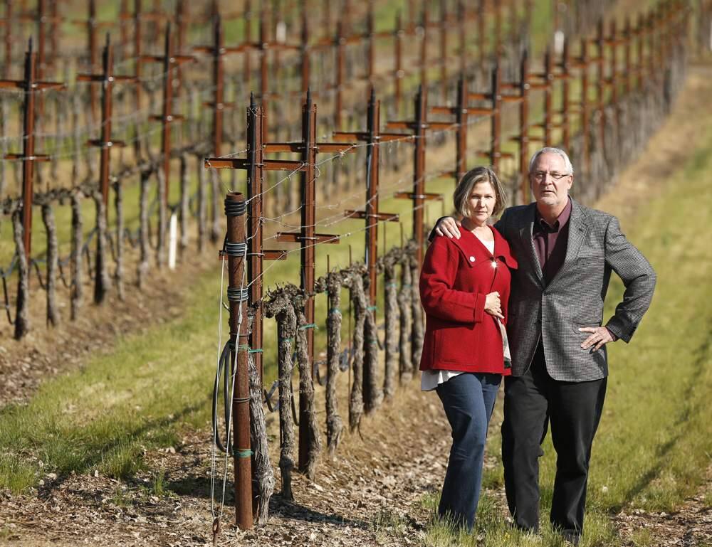Owners of Ramey Wine Cellars, David and Carla Ramey stand at their newly aquired vineyards at Westside Farms in Healdsburg on Friday, March 22, 2013. (Conner Jay/The Press Democrat)