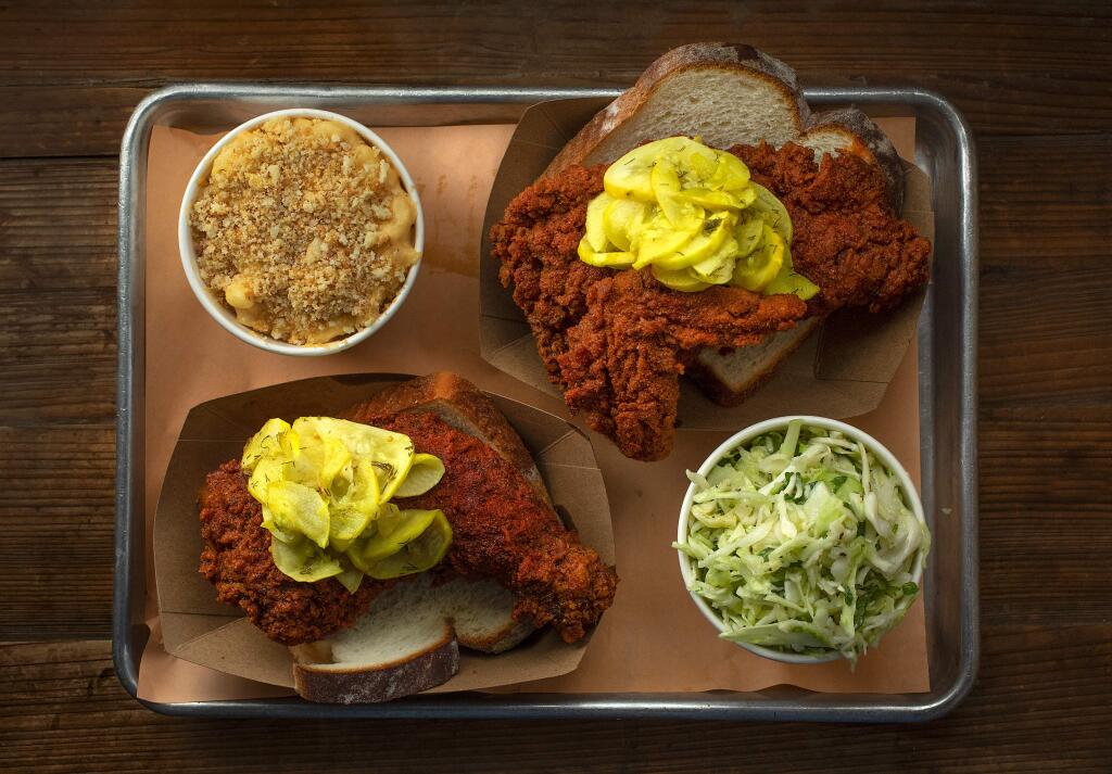 Nashville Hot Chicken with pickles, white bread, mac 'n' cheese and coleslaw from Boxcar Fried Chicken & Biscuits in on Highway 12 near Sonoma. (photo by John Burgess/The Press Democrat)
