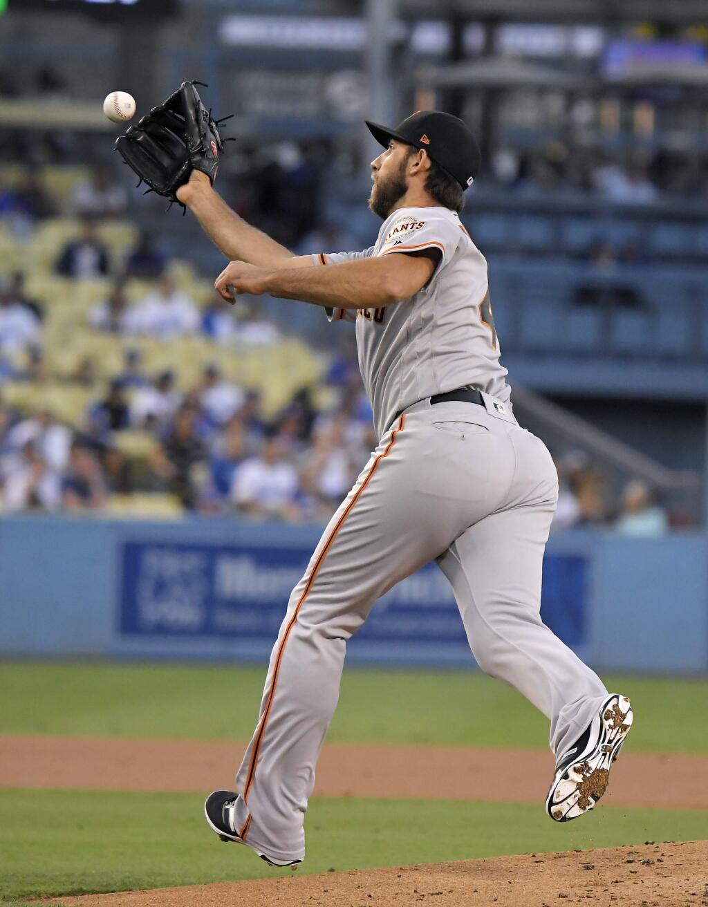 San Francisco Giants starting pitcher Madison Bumgarner fields a ball hit by Los Angeles Dodgers' Manny Machado during the first inning of a baseball game Monday, Aug. 13, 2018, in Los Angeles. Bumgarner threw out Brian Dozier at second as he advanced on the play. Machado was safe at first. (AP Photo/Mark J. Terrill)