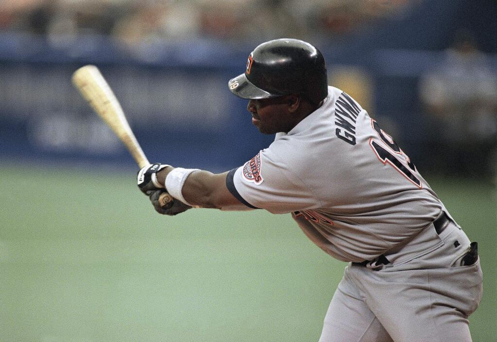 San Diego Padres? Tony Gwynn swings at a pitch during the fourth inning against the Houston Astros, Thursday, August 11, 1994 in Houston. Gwynn raised his batting average to 394 during the game against the Astros. San Diego won 8-6. (AP Photo/David J. Phillip)