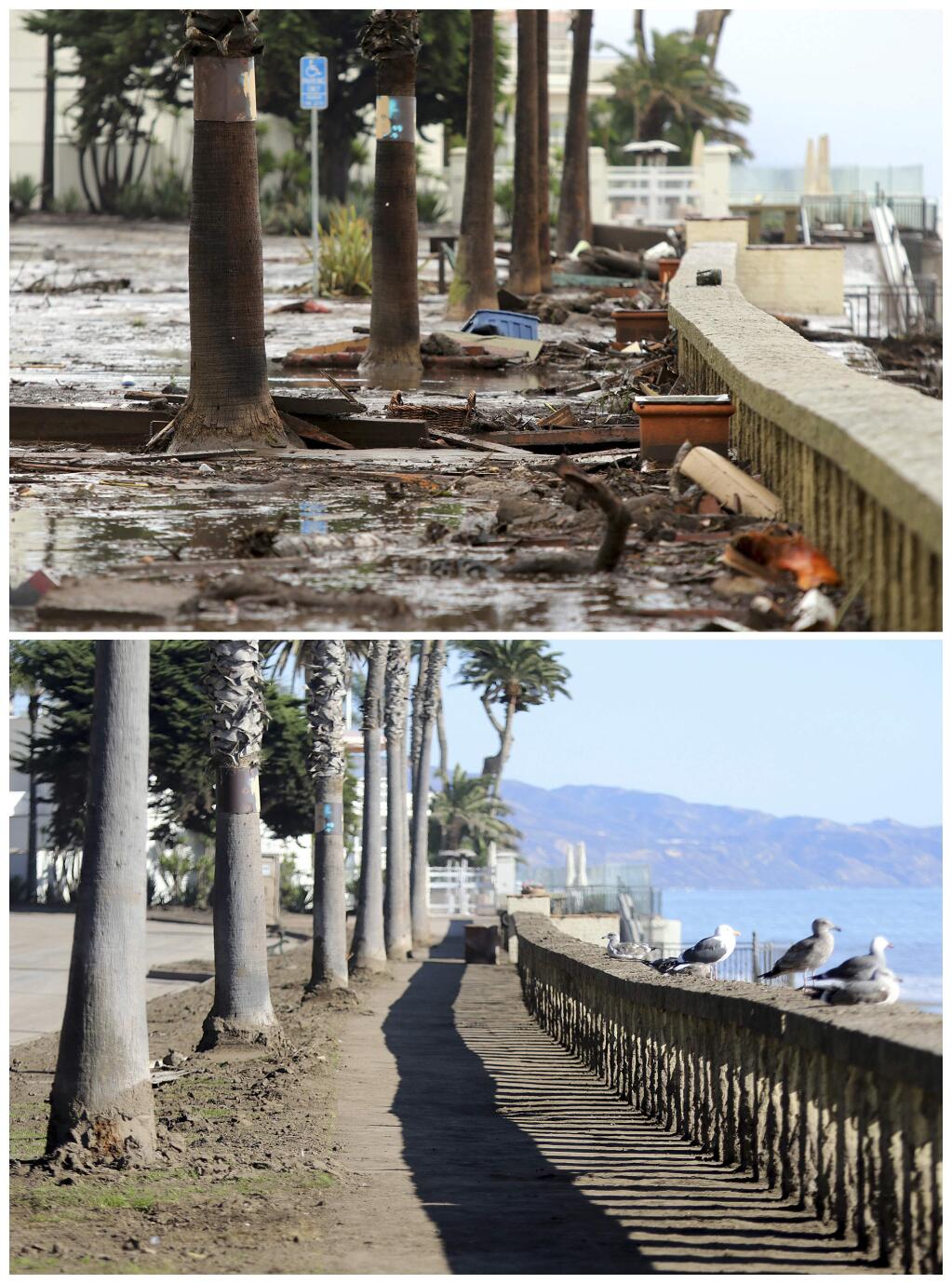 This combination of photos shows debris and mud piled up at Butterfly Beach, top, after heavy rain brought flash flooding in Montecito, Calif., on Jan. 9, 2018, and beach after clean up taken from a similar view on Monday, Jan. 22, bottom. (AP Photo/Daniel Dreifuss)