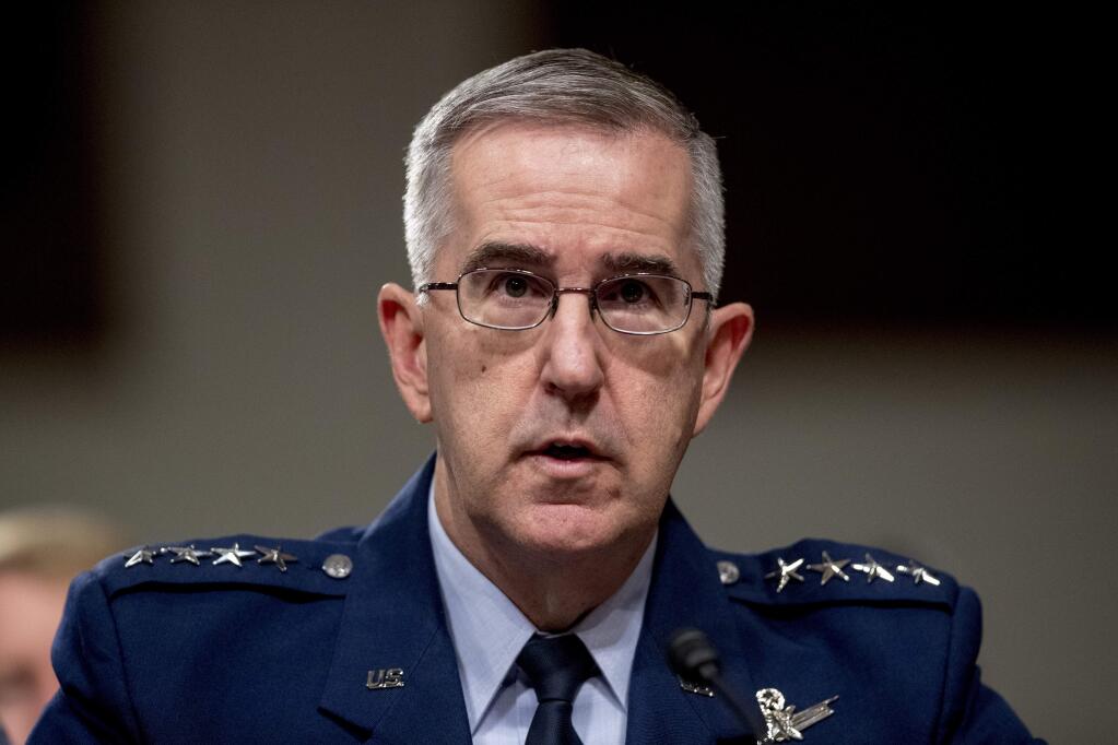 FILE - In this April 11, 2019, file photo, U.S. Strategic Command Commander Gen. John Hyten testifies before a Senate Armed Services Committee hearing on Capitol Hill in Washington. A senior military officer has accused, Hyten, the Air Force general tapped to be the next vice chairman of the Joint Chiefs of Staff, of sexual misconduct, potentially jeopardizing the nomination as members of Congress raised questions about the allegations and an investigation that found insufficient evidence to charge him. (AP Photo/Andrew Harnik, File)
