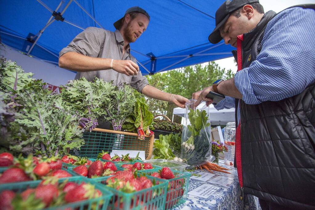 Edward Bodagh (right) purchased organic kale from Luke Carneal, who manned Sweetwater Spectrum's stand at Sonoma Plaza's Tuesday Farmers Market. (Robbi Pengelly/Index-Tribune)