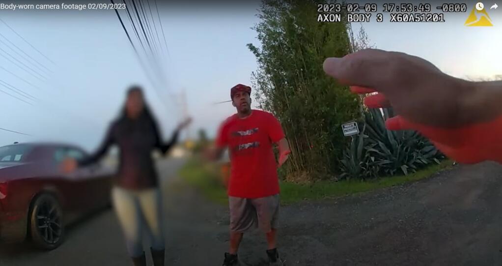 A screenshot from a Sonoma County Sheriff deputy’s body-worn camera video of a traffic stop last week involving a man who recently reached a $1.3 million settlement after being mauled by a sheriff’s dog in a 2020 arrest. (Sonoma County Sheriff / YouTube)