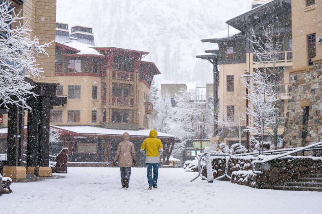 Snow falls at Palisades Tahoe ski resort in Olympic Valley, Thursday, Feb. 1, 2024. (Blake Kessler)