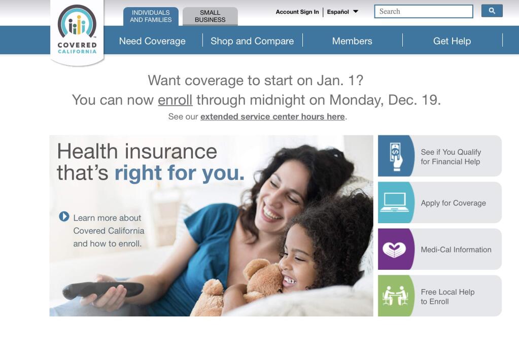 The homepage on the Covered California website.