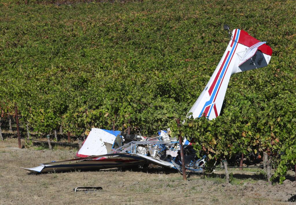 A small plane crashed in the Carneros Hill Winery vineyard on Ramal Rd. southeast of Sonoma on Wedndesday afternoon, September 24, 2014. Two passengers aboard were injured in the crash.