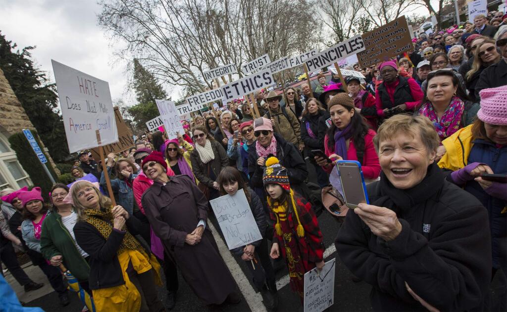 Thousands came to Sonoma Plaza to add their numbers to the Women's March in Washington on Saturday, January 21, following the inauguration of President Trump. Social action and response were among the year's top stories. (Photos by Robbi Pengelly/Index-Tribune)