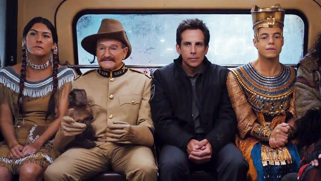 20th Century FoxBen Stiller returns as Larry and Robin Williams as Teddy Roosevelt with Mizuo Peck as Sacagawea, left, and Rami Malek as Ahkmenrah in 'Night at the Museum: The Secret of the Tomb.'