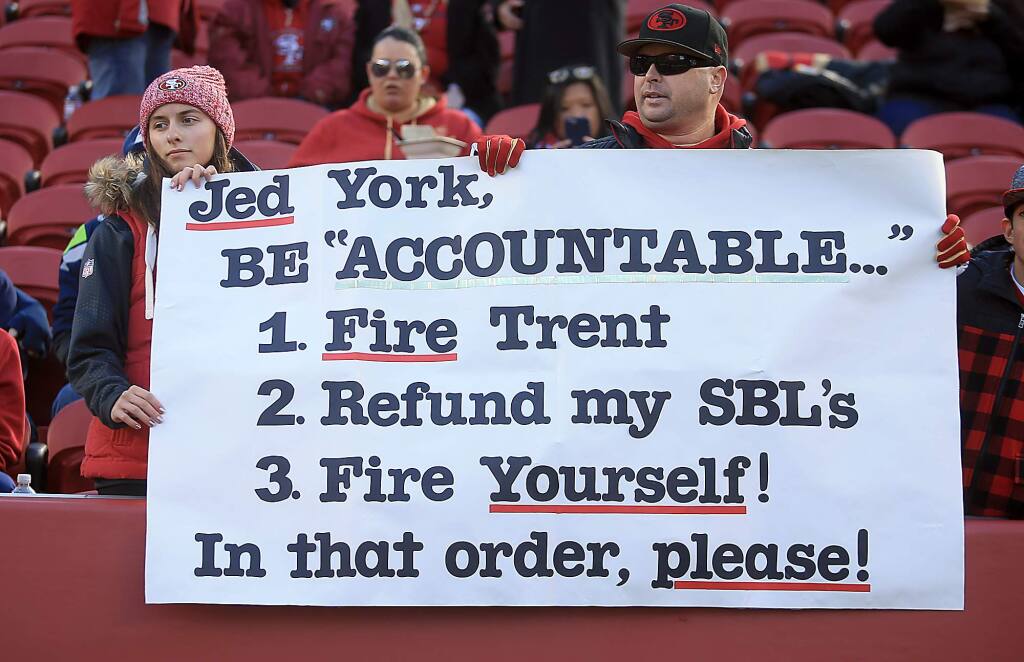 Fans not pleased with the stat of affairs in Forty Niner land prior SF's 25-23 loss to the Seattle Seahawks, Sunday Jan. 2017. (Kent Porter / The Press Democrat) 2017