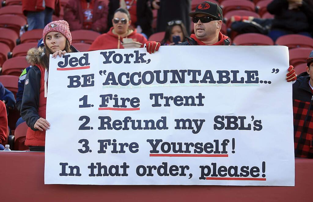 Fans not pleased with the stat of affairs in Forty Niner land prior SF's 25-23 loss to the Seattle Seahawks, Sunday Jan. 2017. (Kent Porter / The Press Democrat) 2017