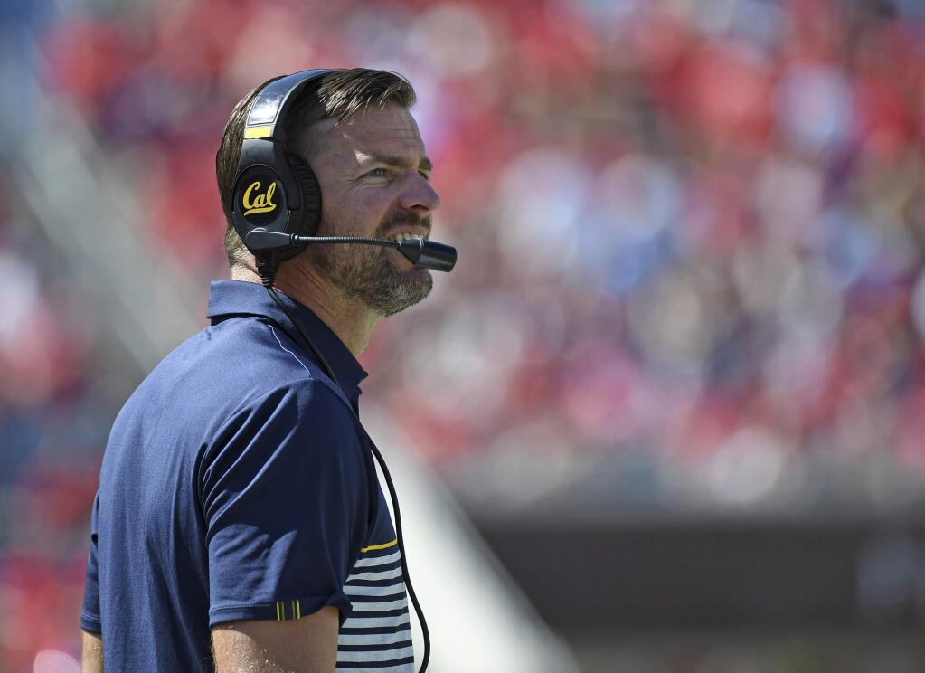 Cal head coach Justin Wilcox watches on during the first half against Mississippi in Oxford, Miss., Saturday, Sept. 21, 2019. (AP Photo/Thomas Graning)
