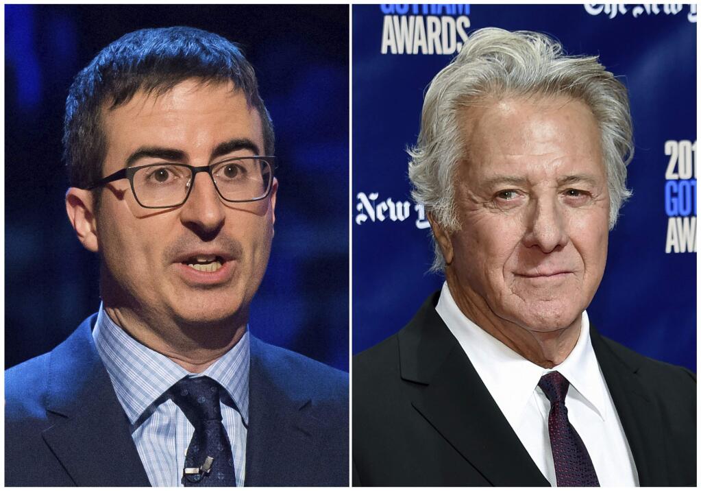 In this combination photo, John Oliver appears at the Stand Up for Heroes event in New York on Feb. 28, 2015,, left, and actor Dustin Hoffman attends the 27th annual Independent Film Project's Gotham Awards in New York on Nov. 27, 2017. Oliver confronted Hoffman about allegations of sexual harassment during a 20th-anniversary screening panel for the film 'Wag the Dog' at the 92nd Street Y in New York. Keep clicking for a list of more famous men accused of sexual harassment. (Photos by Charles Sykes, left, and Evan Agostini/Invision/AP)