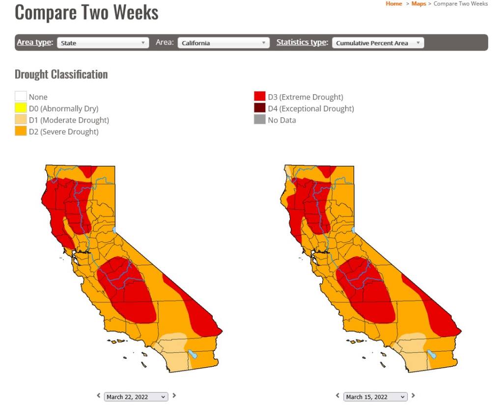 The latest U.S. Drought Monitor map, released Thursday, March 24, 2022, shows virtually all of Sonoma County and the North Coast in a state of “extreme drought,” as conditions worsen. (U.S. Drought Monitor)