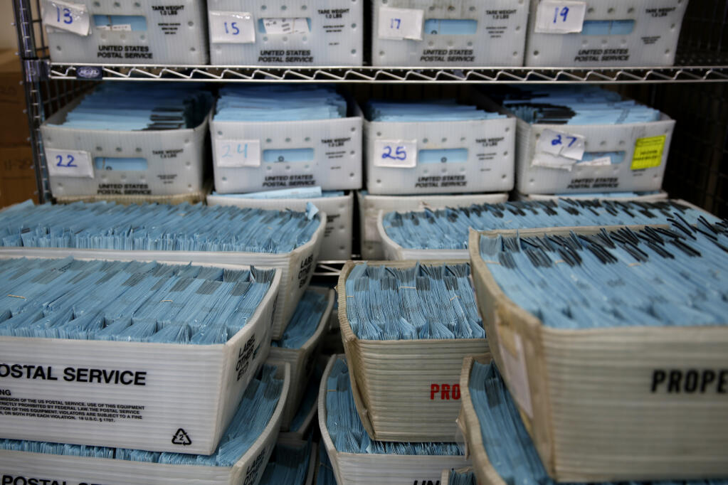 Boxes of ballots sit stacked up at the Sonoma County Registrar of Voters Office in Santa Rosa, Calif., on Monday, Sept. 13, 2021. (Beth Schlanker / The Press Democrat)