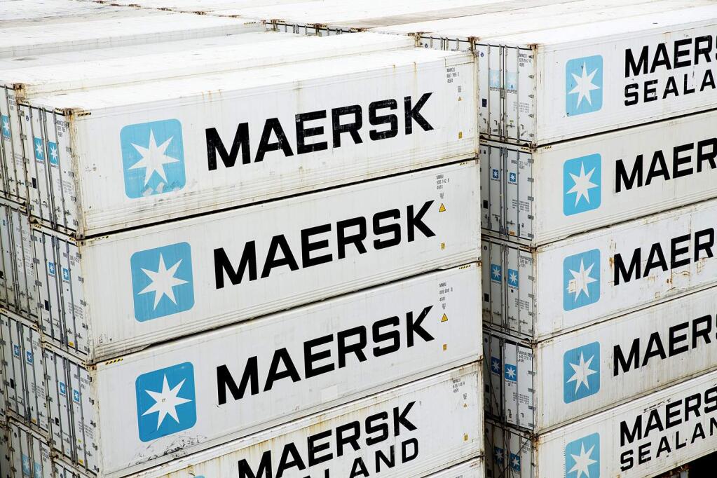 FILE - In this Jan. 31, 2014, file photo of A.P. Moller-Maersk containers on a ship in the Panama Canal. Hackers Tuesday June 27, 2017 caused widespread disruption across Europe, hitting Ukraine especially hard. Russia's Rosneft energy company also reported falling victim to hacking, as did shipping company A.P. Moller-Maersk, which said every branch of its business was affected. (Thomas Borberg/Polfoto via AP,file)