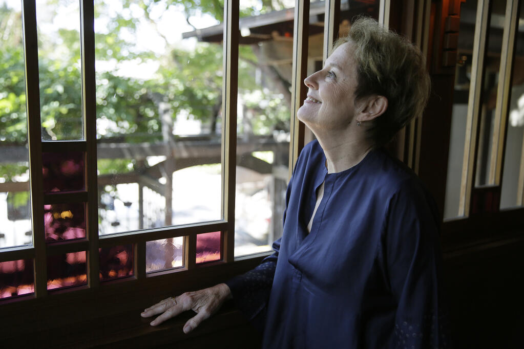 In this Aug. 25, 2017, photo, Alice Waters, founder of Chez Panisse restaurant, appears during an interview at the restaurant in Berkeley, Calif.  (AP Photo/Eric Risberg)