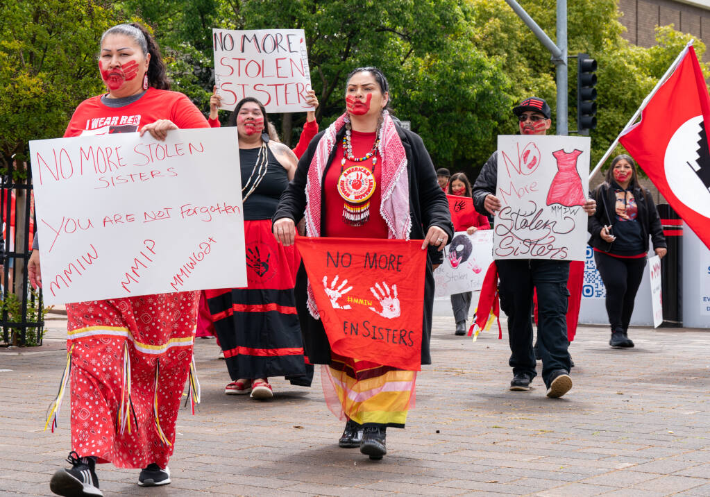 Lisa Diaz, Co-Founder of Redemption House of the Bay Area, leads the gathering of community members to Old Courthouse Square to raise awareness of Missing and Murdered Indigenous Women and Persons, Saturday, May 6, 2023, in Santa Rosa. (Nicholas Vides / For The Press Democrat)